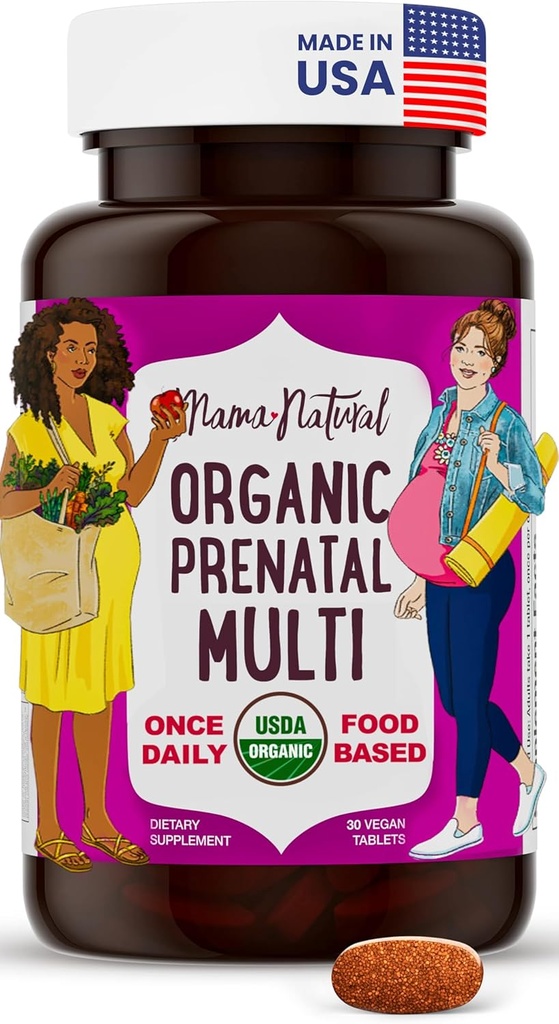 Mama Natural Organic Prenatal Vitamins for Women Vegan (30 Servings) | One A Day Prenatal Vitamins for Pregnant Women | Food Based, Non-GMO & Gluten-Free - Pre Natal Multivitamin with Folate