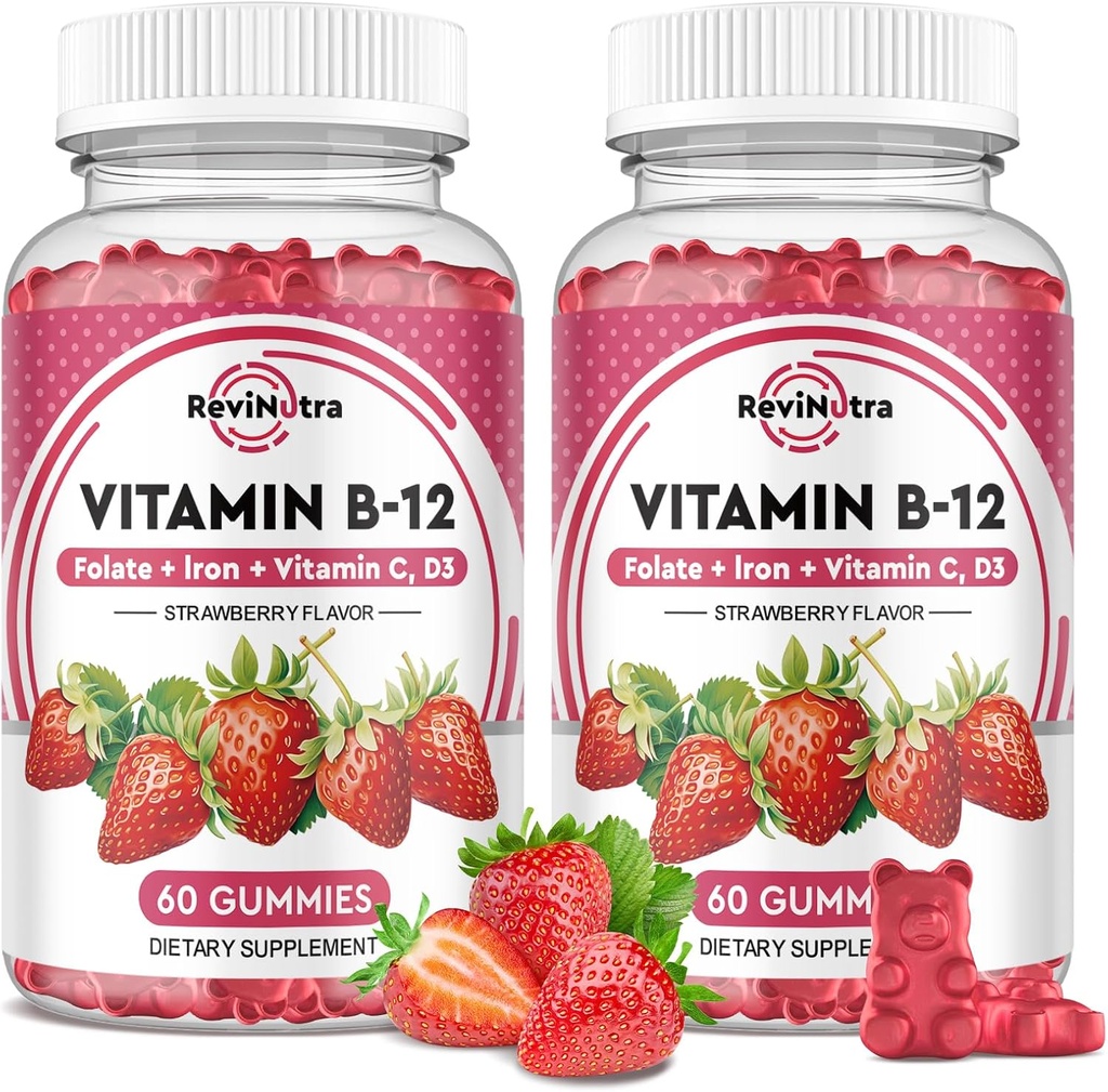 Vitamin B12 Complex Gummies - 5000 mcg Methylcobalamin with Iron, Vitamin C, D3 & Folate, Energy Support & Metabolism, Immune, B-12 Chewable Supplement for Men & Women, Strawberry Flavor, 2 Pack