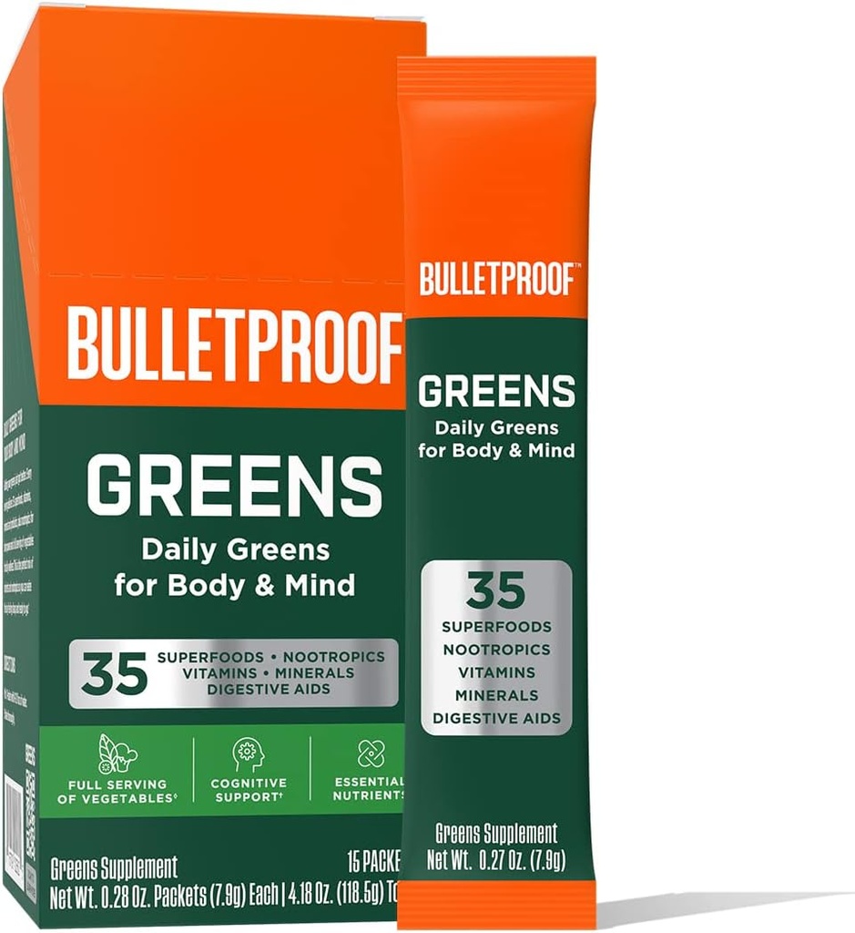 Bulletproof Greens Packets, 15 Count, Daily Greens Powder with Superfoods and Nootropics, Full Serving of Vegetables, Essential Nutrients
