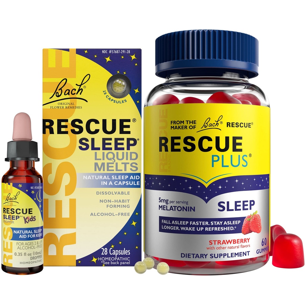 RESCUEの夜間睡眠の援助の束、3Pk - Bachの睡眠の子供の点滴器、10mL睡眠の液体の溶解、5mgのMelatonin/doseの28Ctプラスの睡眠のガミー、60Ct