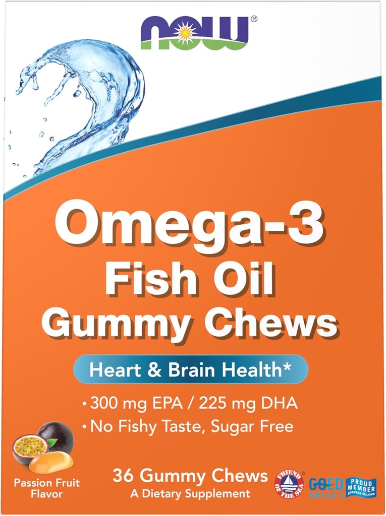 NOWの補足、Omega-3の魚油のGummyの咀嚼、オレンジ パッションのフルーツの味、36のGummyの咀嚼