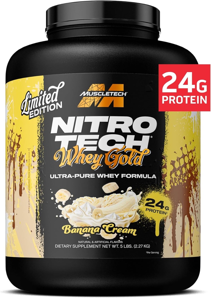マッスルテックウィープロテインパウダー(バナナクリーム、5LB) - Nitro Tech Whey Protein Isolate Smoothie Mix for Lean Muscle & Fast Recovery - 24g of Whey Gold Protein for Women & Men - Gluten-Free