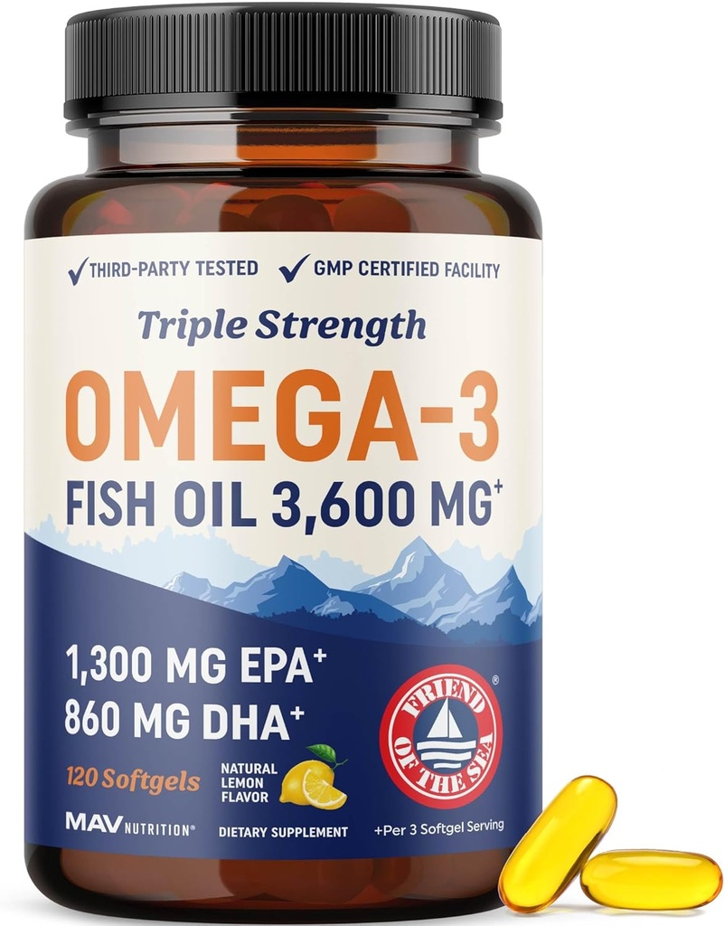 トリプル強度DHAオメガ3魚油3600mg | DHAの860mgの2100mgオメガ3脂肪酸以上 | 1300mg EPA | 最高のエッセンシャル脂肪酸 | プレミアムワイルドキャッチ&バープレスフィッシュオイル | 120カラット.