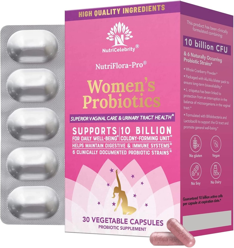 女性のためのNutriCelebrity NutriFlora-Proのプロバイオティクス - サポート腟、尿の健康(UTI)、消化器系、期間の痛み、イーストおよびBVの救助、クランベリーの丸薬、10億CFU 6の緊張(30の帽子)
