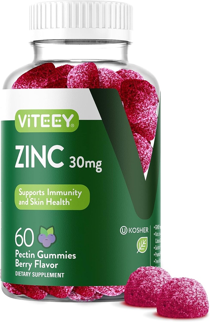 女性と男性のためのViteey亜鉛グミー - 免疫サポートサプリメント - 30mg - ビーガン、ゼラチン無料、非GMO - 60カウント