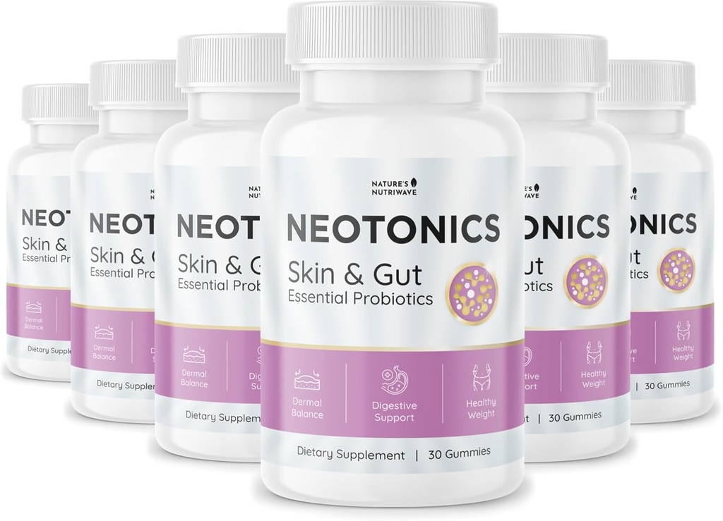 Neotonics Skin and Gut gummies - 100% Natural Probiotic Gummies, Chewable Probiotics for Digestive Health & Skin Health, Daily Probiotics For Women & Men - Apple Flavor, 30 Gummies, 6 Month Supply