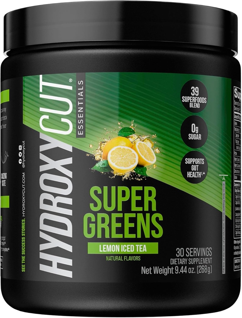 Hydroxycut Essentials Super Greens | 39 Superfoods Blend, Fruits, Veggies & Grains, Vitamin C & Zinc for Immune Support, Probiotics & Prebiotics, and Gut Health Support. 30 Servings (Lemon Iced Tea)