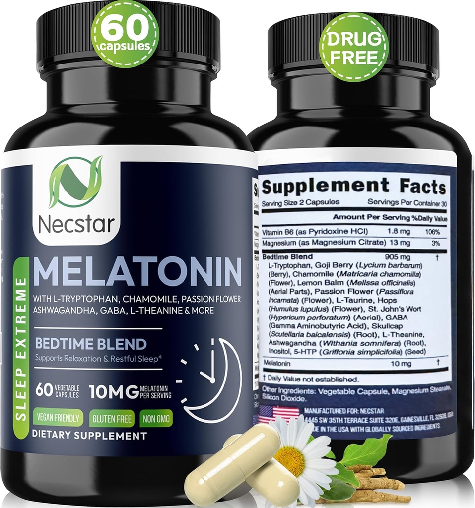Necstar Melatonin 10mg、大人のための睡眠補助金、Ashwagandha、マグネシウム、L-Theanine、GABA、レモンバームとカモミール睡眠サポートサプリメント、ビーガン、非GMO、グルテンフリー、60カプセル