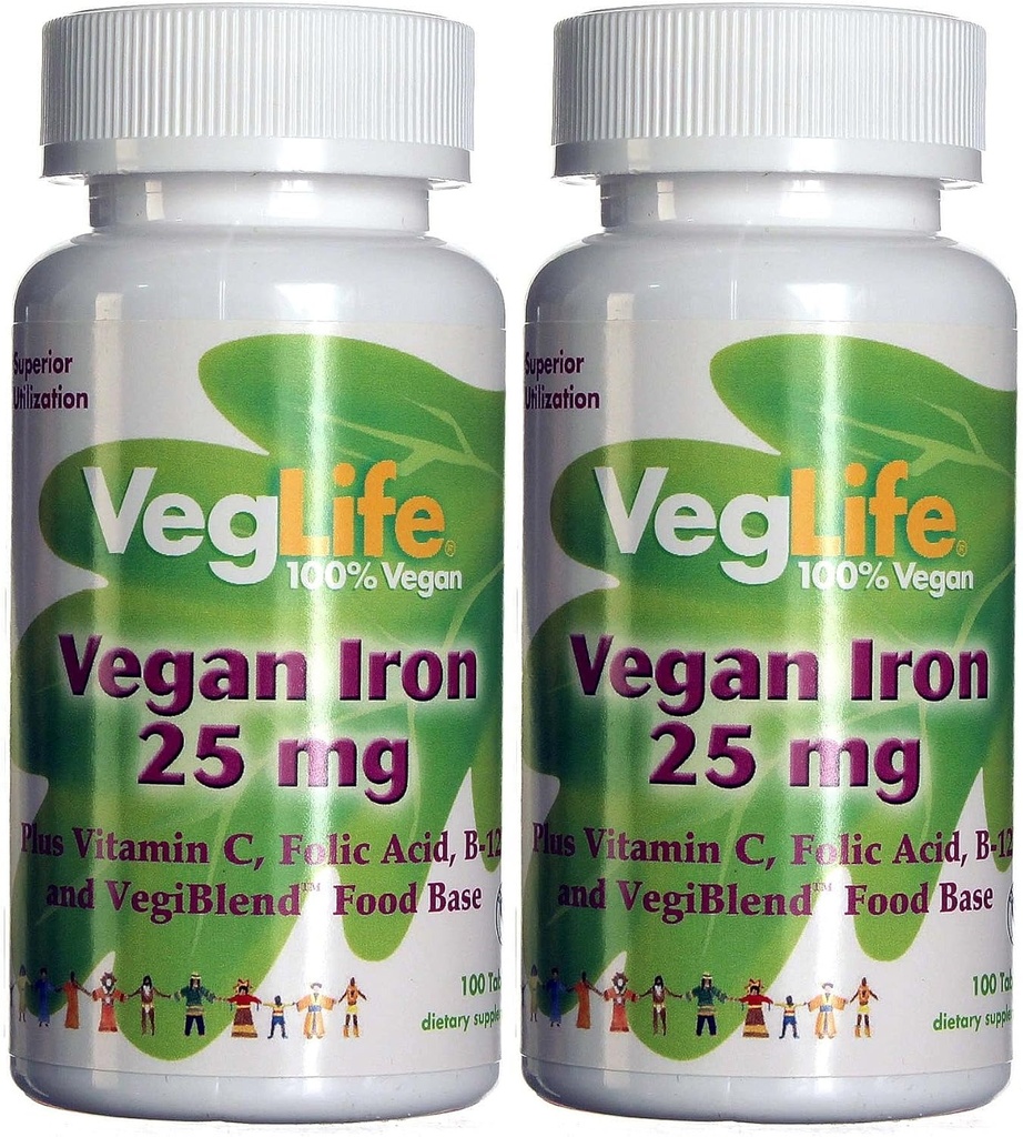VegLifeビーガンアイアン25 mg | プラスビタミンC、葉酸、B-12、ベジブレン食品ベース | 女性&男性用植物ベースの鉄サプリメント | 100錠 | 2パック