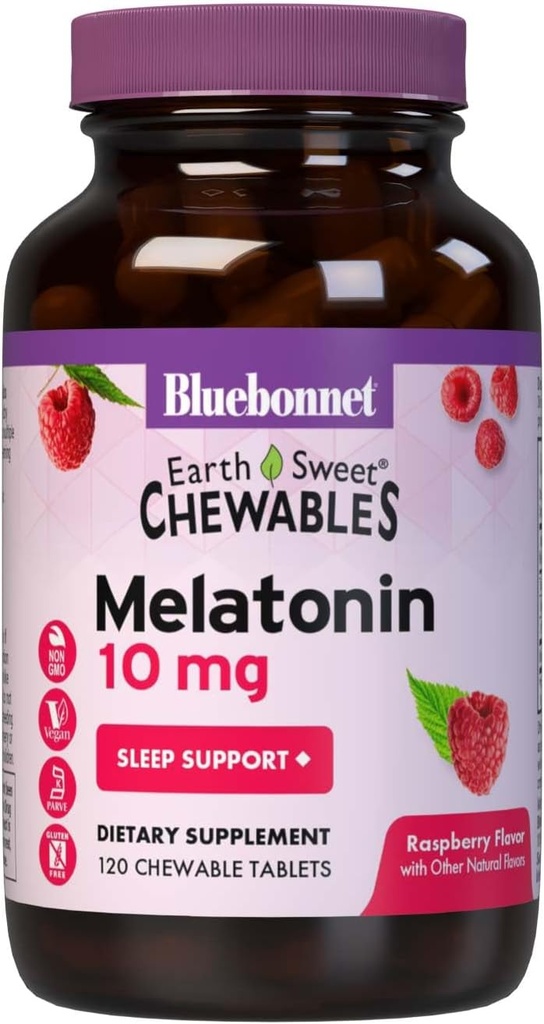 BlueBonnet栄養EarthSweet Melatonin 10mg高速解体ナイトタイムリラクゼーション&残りの睡眠サポート - 睡眠補助金 - グルテンフリー、ビーガン - ラズベリー味 - 120Chewable錠