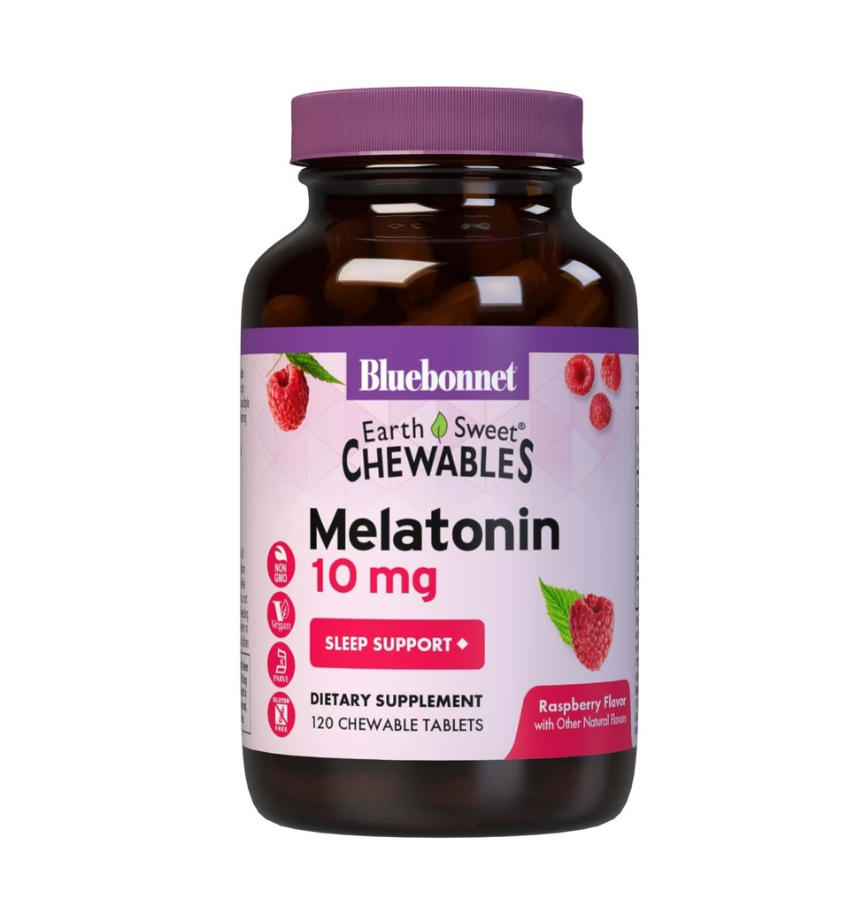 BlueBonnet栄養EarthSweet Melatonin 10mg高速解体ナイトタイムリラクゼーション&残りの睡眠サポート - 睡眠補助金 - グルテンフリー、ビーガン - ラズベリー味 - 120Chewable錠