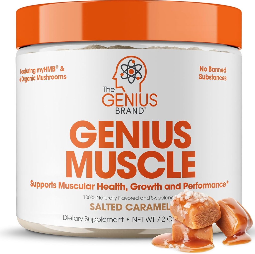 The Genius Brand Genius Muscle - Muscle Health Supplement for Growth, Endurance & Recovery - Non-Hormonal Formula - 6 Organic Mushrooms - Naturally-Sweetened - 30 Servings - Salted Caramel