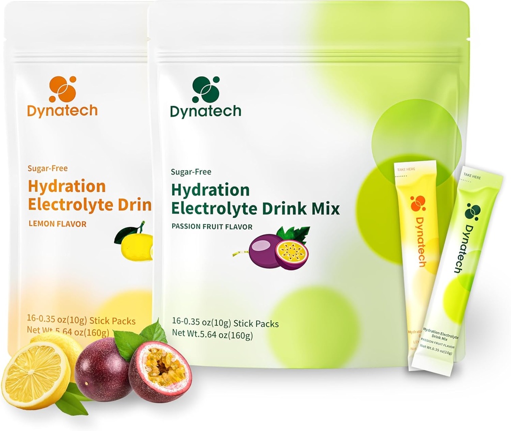 Dynatech Zero Sugar Electrolyte Drink Mix - Lemon，Passion Fruit - Hydration Powder Packets with 10 Electrolytes & Vitamins | Non-GMO, Gluten Free, Vegan Electrolytes Powder Packets | 32 Servings