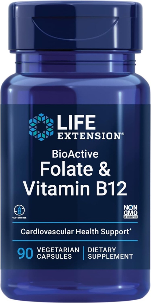 ライフエクステンションBioActive Folate&ビタミンB12は、心臓、脳およびGI Tract健康、非GMO、グルテンフリー、ベジタリアン、90カプセルを促進します