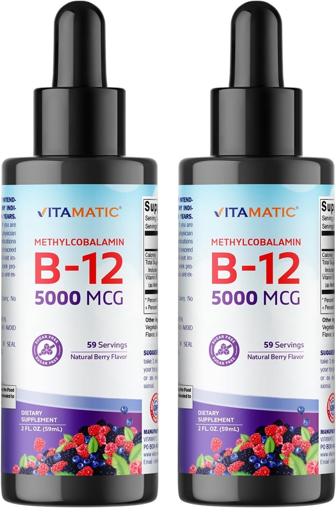 Vitamatic 2 パックの速い代理の液体のビタミン B12 5000 の mcg (Methylcobalamin) - 自然な果実味-Sublingual の補足-より速い吸収- 2 OZ