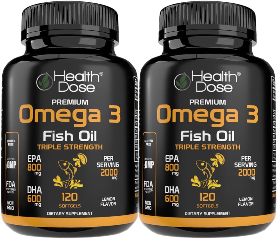 健康ドーズオメガ3フィッシュオイル - EPA&DHAとレモン風味のソフトゲル - 脳、心臓、ウェルネスサポート - 消化しやすい、魚のバープ - 120ソフトゲル、2のパック