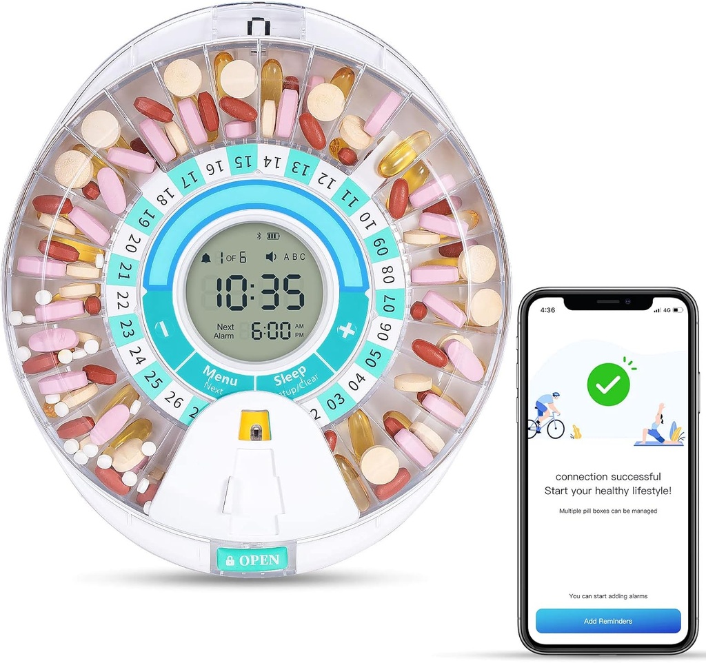 Zoksi新しいBluetoothのスマートな自動丸薬ディスペンサー、高齢者のための電子薬物ディスペンサー、三重のリマインダーが付いている28のコンパートメントの薬のオルガナイザー