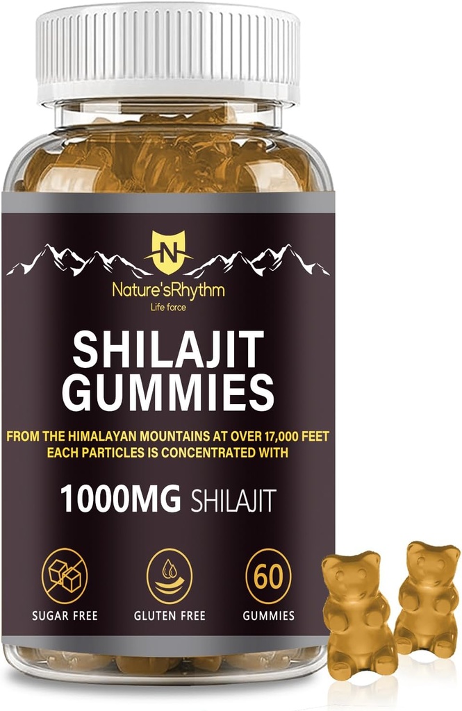 Nature's Rhythm Shilajit Gummies 1000mg - 男性と女性のためのシラジットグミーの60個、様々なトレースミネラル、ブーストエネルギーと免疫のサプリメントで豊富なシラジットグミー