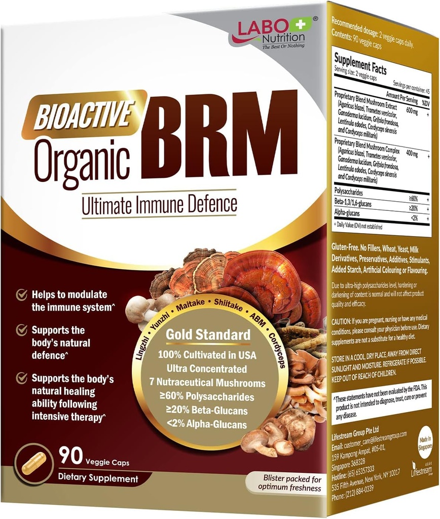 LABO Nutrition Bioactive Organic BRM - 高度な免疫サポートと自然キラー細胞活動を維持します。 6 治療キノコLingzhi、ユンジ、マイタケ、シイタケ、アガリカスBlazei Murill & Cordyceps