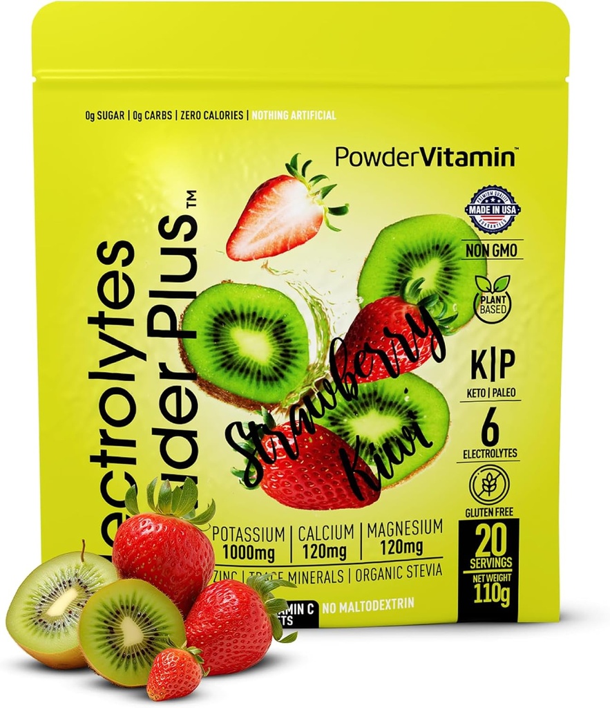 PowderVitamin の電解質の粉のプラス (20 のサービング) いちご Kiwi の電解質の粉 ゼロ Calorie Keto,0 砂糖、Maltodextrin、1000mg のカリウム、120mg マグネシウム、ピンクのヒマラヤンの塩