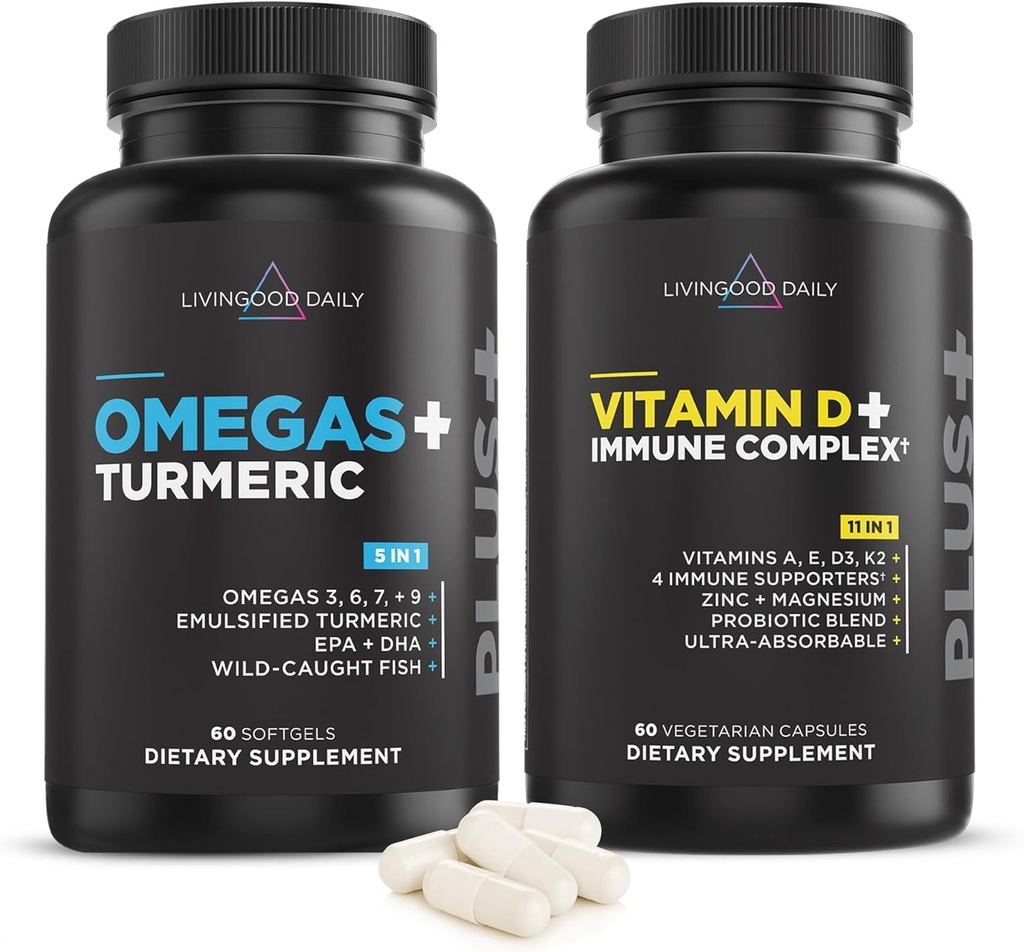 Livingoodデイリーエッセンシャルバンドル - ビタミンD3 K2、マグネシウム、プロバイオティックブレンドとTurmericペアリングプラスオメガ3-6-7-9の強力なサプリメント
