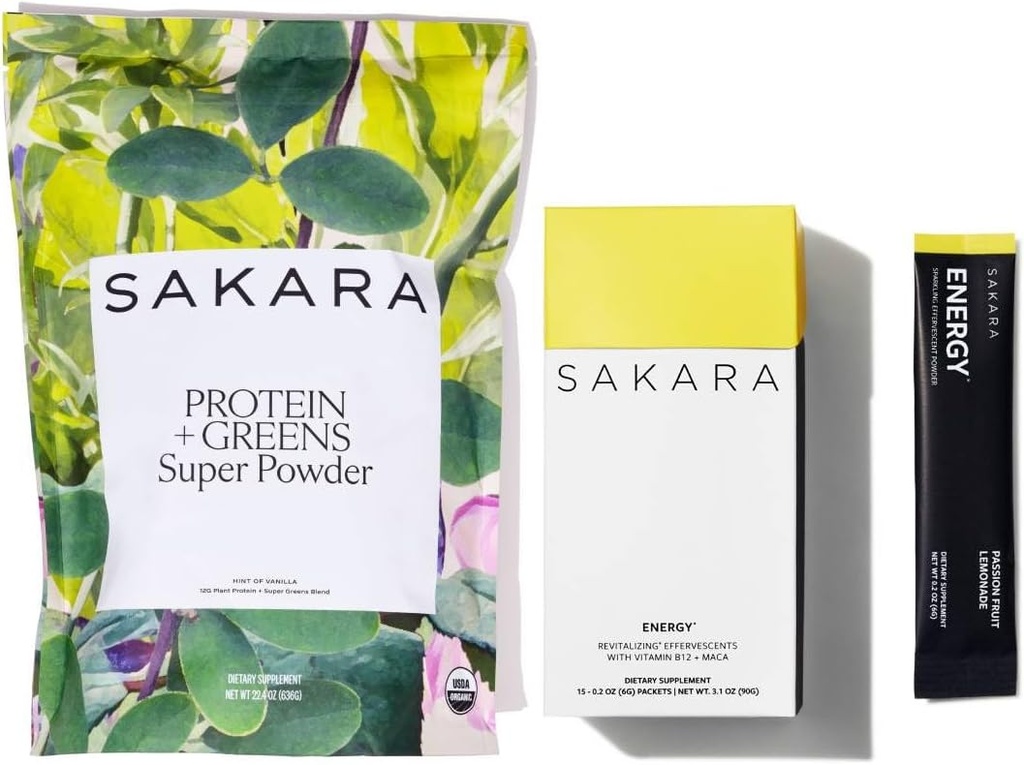 SAKARAプロテイン+グリーンスーパーパウダー&エネルギーエフェッテルビセント - オーガニックプロテインパウダー&グリーンパウダー、精製砂糖無料電解パウダー