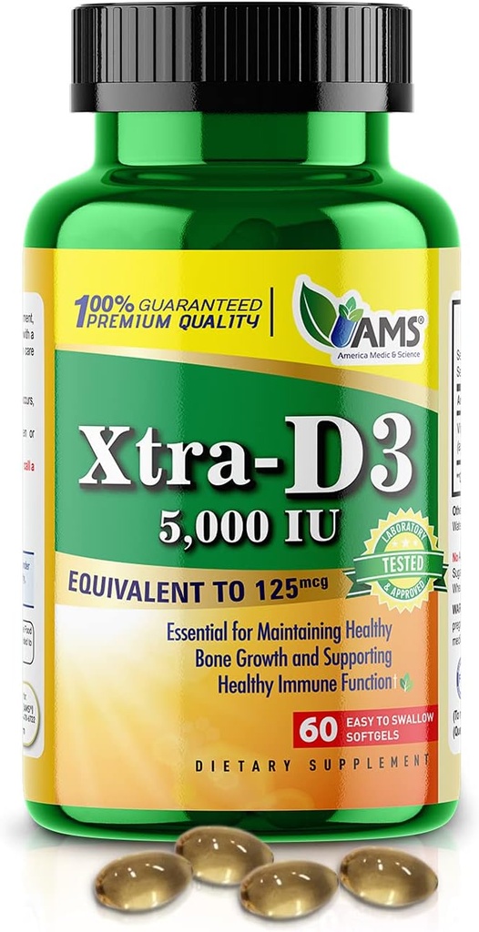 アメリカの薬及び科学 Xtra D3 のビタミン D 5,000 の IU (125 の mcg) 男性及び女性のための Cholecalciferol の補足 (60 は柔らかいゲルを飲みやすい) 骨、中心の健康、免疫システム サポート、肺機能のために最もよい