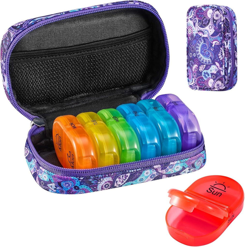Serfeymi Weekly Travel Pill Organizer 2 Times A Day AM PM Upgraded Rainbow Pill Box 7 Day with Portable Zipper Canvas Pill Case, Medicine Organizer for Pills, Vitamins, Fish Oils - Purple 01