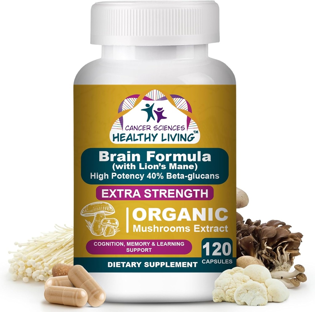 Cancer Sciences Brain Supplements for Memory and Focus - 1,500mg Brain Health Mushroom Supplement for Adults & Seniors - High Potency 40% Beta-Glucans for Immune Support & Vitamins, 120 Capsules