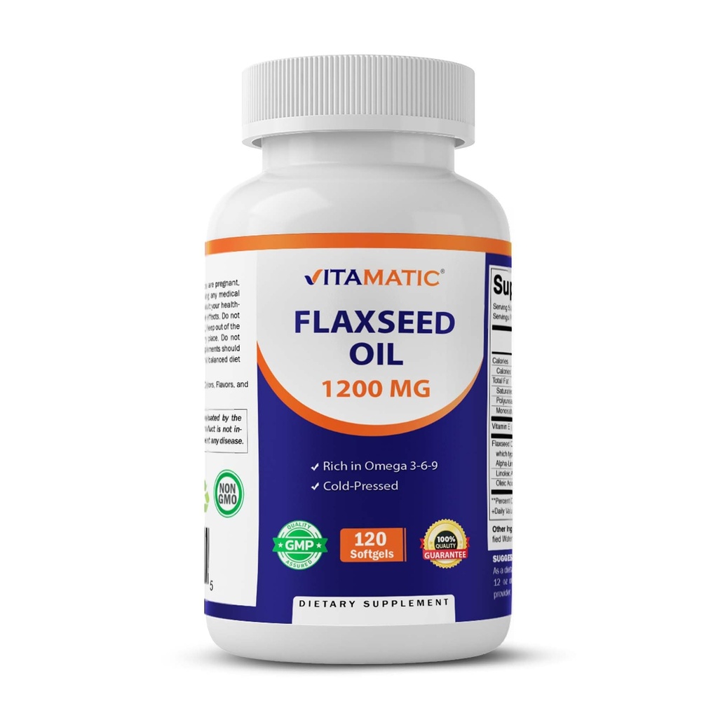 Vitamatic 亜麻仁油 1200 mg – 120 Softgels 冷間圧亜麻仁油 675 mg ALA オメガ-3 – 心臓の健康と全体的なウェルネスをサポート