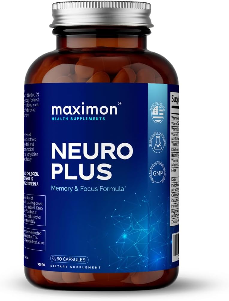 Neuro Plus Premium Nootropics, Cognitive Enhancement, Vitamins for Memory & Focus, Mental Clarity with Bacopa Extract, GABA, Huperzine A and DHA, 60 Capsules