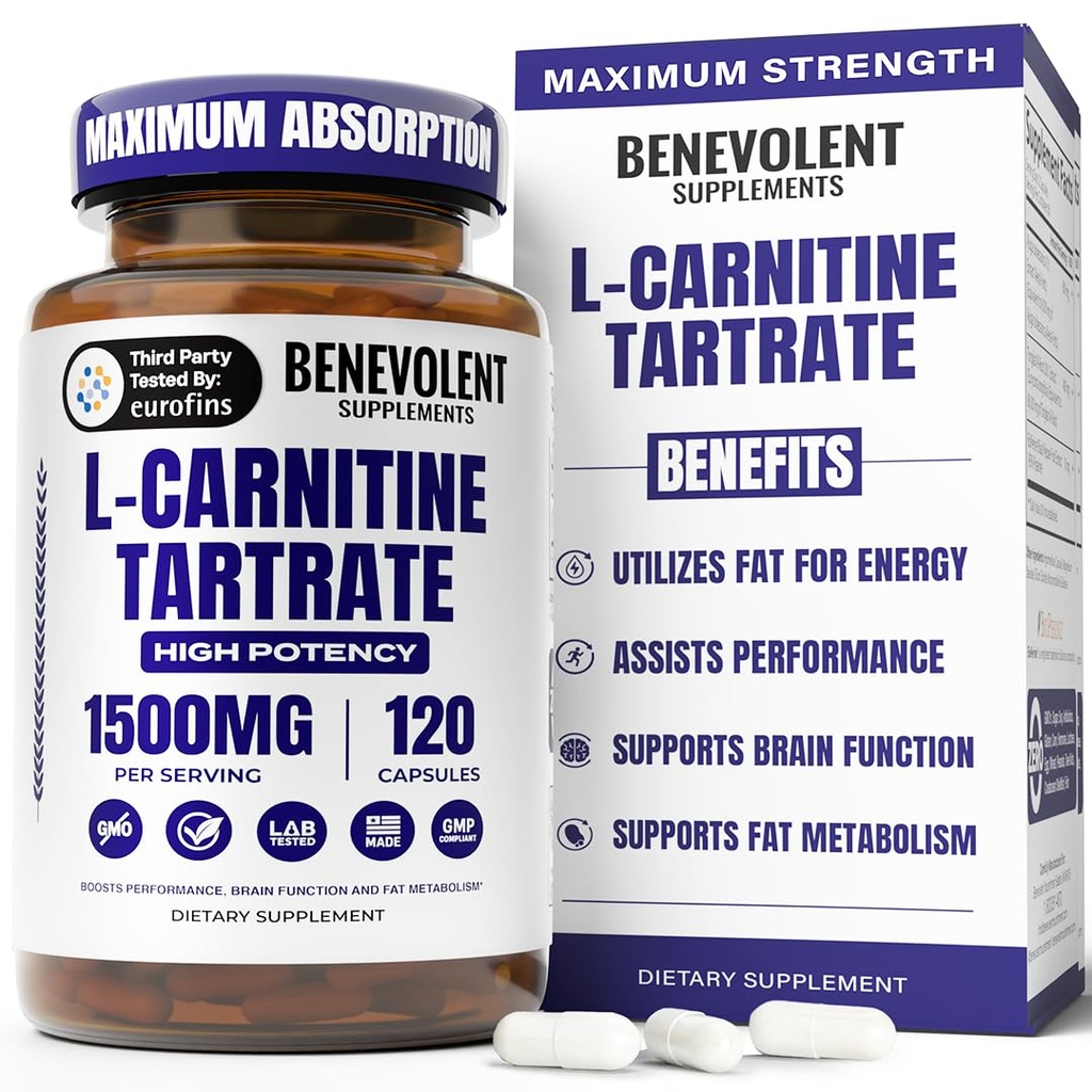 Benevolent Lカルニチンサプリメント - 高効力1500mg L-カルニチンタル酸塩 - 高速吸収、脂肪をエネルギーに変換、リーンマッスルをサポート、ブーストワークアウトパフォーマンス&代謝 - 120ビーガンカプセル