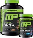 筋肉 Pharm のコンバット 4lb チョコレート蛋白質および MusclePharm のアサルトの青 ラズベリーのプレワークアウト