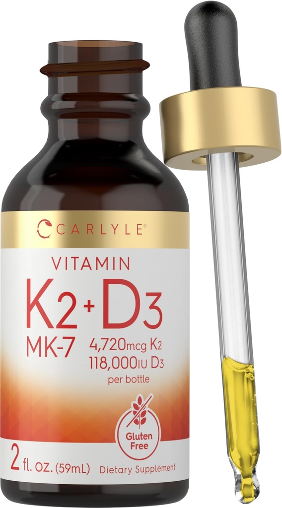 Carlyle Vitamin D3 K2 Drops | 2 Fl Oz | MK-7 Supplement | Vegetarian, Non-GMO, Gluten and Soy Free Formula