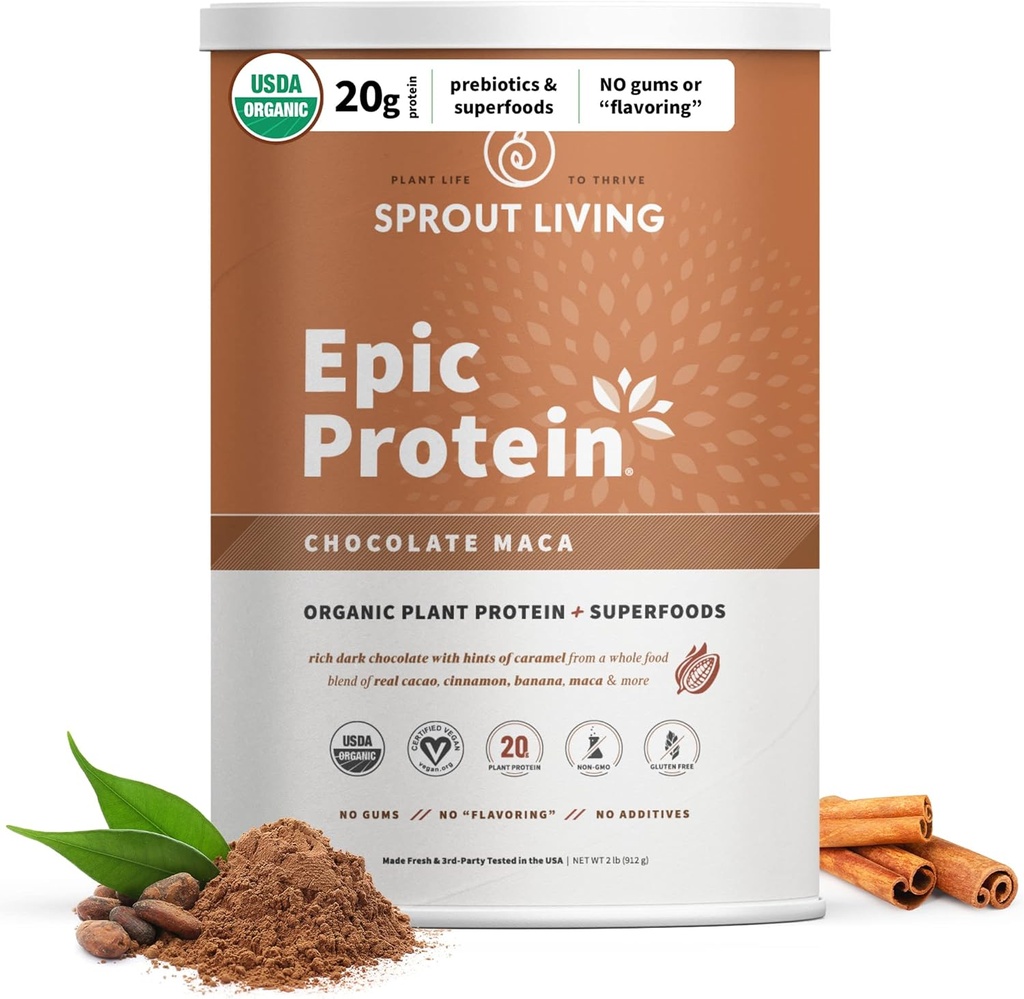 Sproutリビング叙事詩タンパク質, 植物ベースのタンパク質 & スーパーフードパウダー, チョコレートマカパウダー | 20グラムオーガニックプロテインパウダー, ビーガン, 非乳製品, 非GMO, グルテンフリー, 低砂糖 (2 ポンド, 24 サービング)