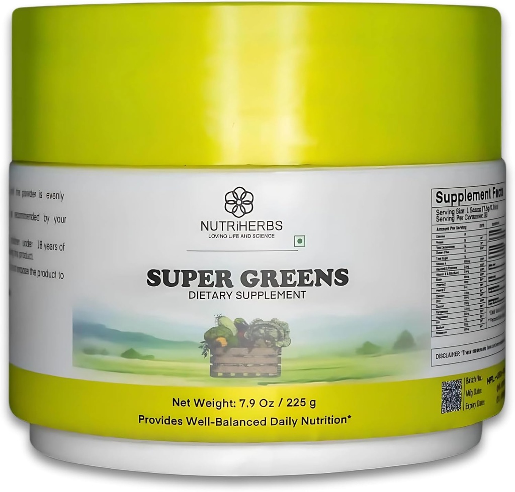 Nutriherbs スーパーグリーンパウダー - 225g | 33 Nutrient-Rich フルーツ、野菜、プロバイオティクス 強化エネルギー、免疫&消化 | 強力なグリーンスーパーフードパウダー | 30 おいしいサービング