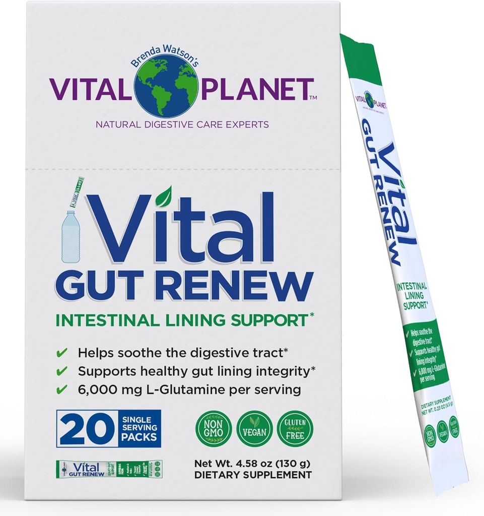 Vitalプラネット - Lグルタミン、マシュマロ、ジンジャールート、DGL Licorice Root、有機アロエベラ、Lグルタミン6000mg、20シングルセルブパックとLeaky Gut修復のためのバイタルガット更新パウダーサプリメント