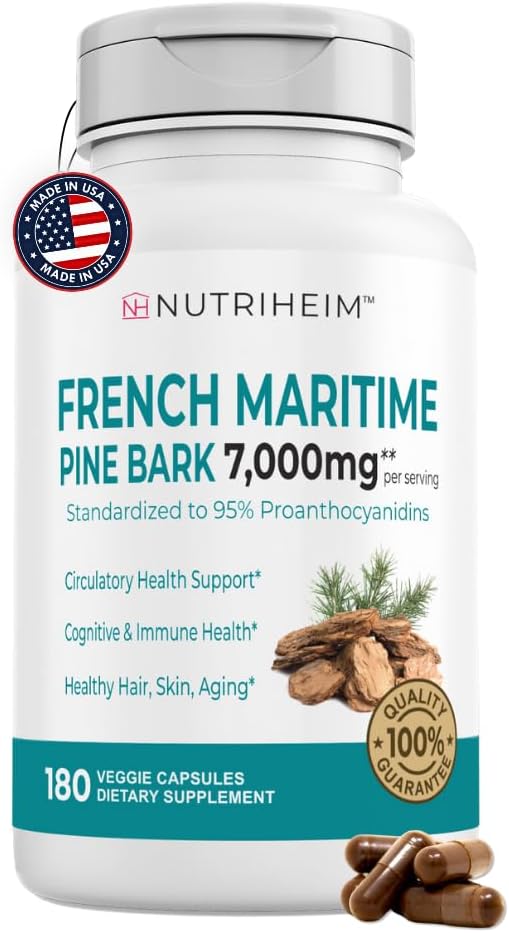 フランスのマリタイム パイン バルク エキス 7000 mg と 95% のプロアントシアニジン 循環のための, 心臓の健康, 皮膚, 認知サポート - 20:1 比率 & 180 ベジギー カプセル - 非GMO, グルテンフリー, 完全菜食主義者フレンドリー