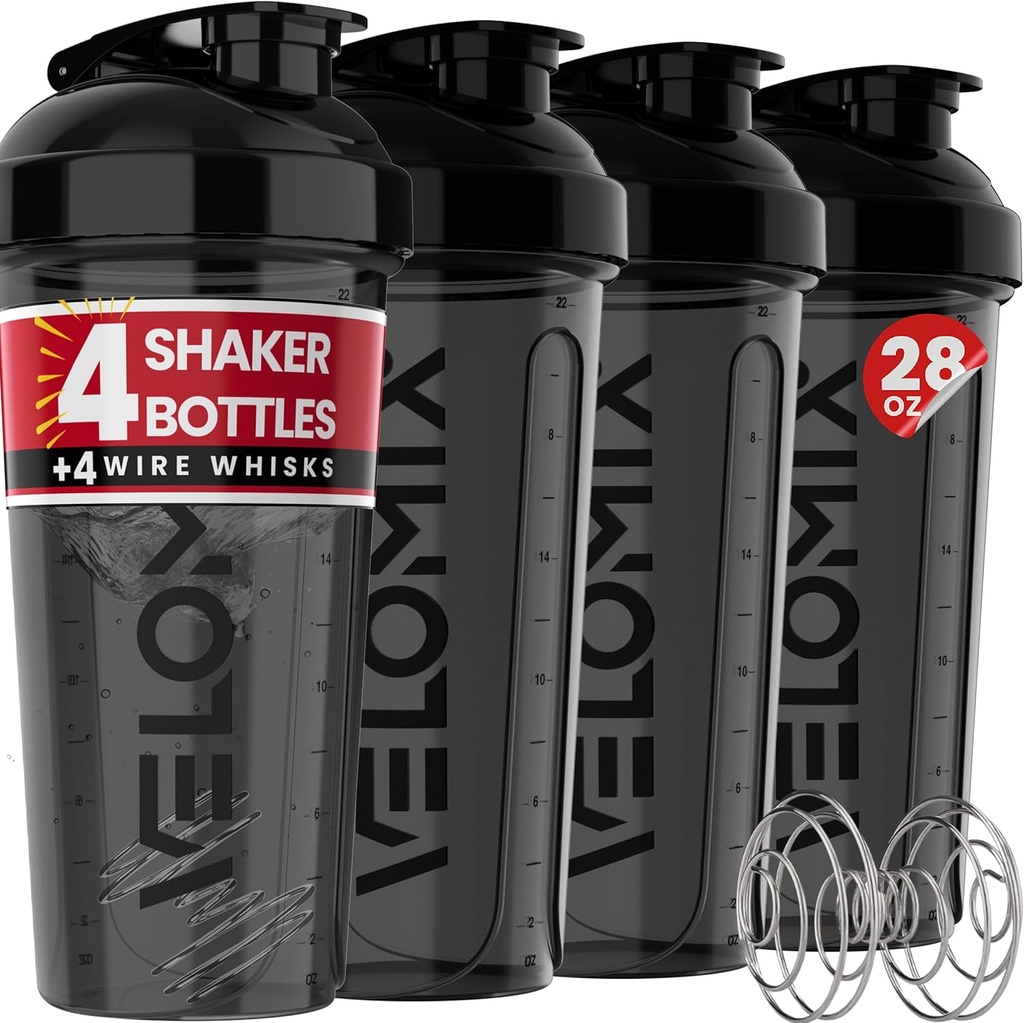 VELOMIX -4 PACK- 28 oz プロテインミキサー用プロテインシェーカーボトル - 4x ワイヤーウィスク|リーク プロテインシェーク用プルーフシェーカーカップ | プロテインシェーカーボトルパック | プロテインシャークカップ(黒)