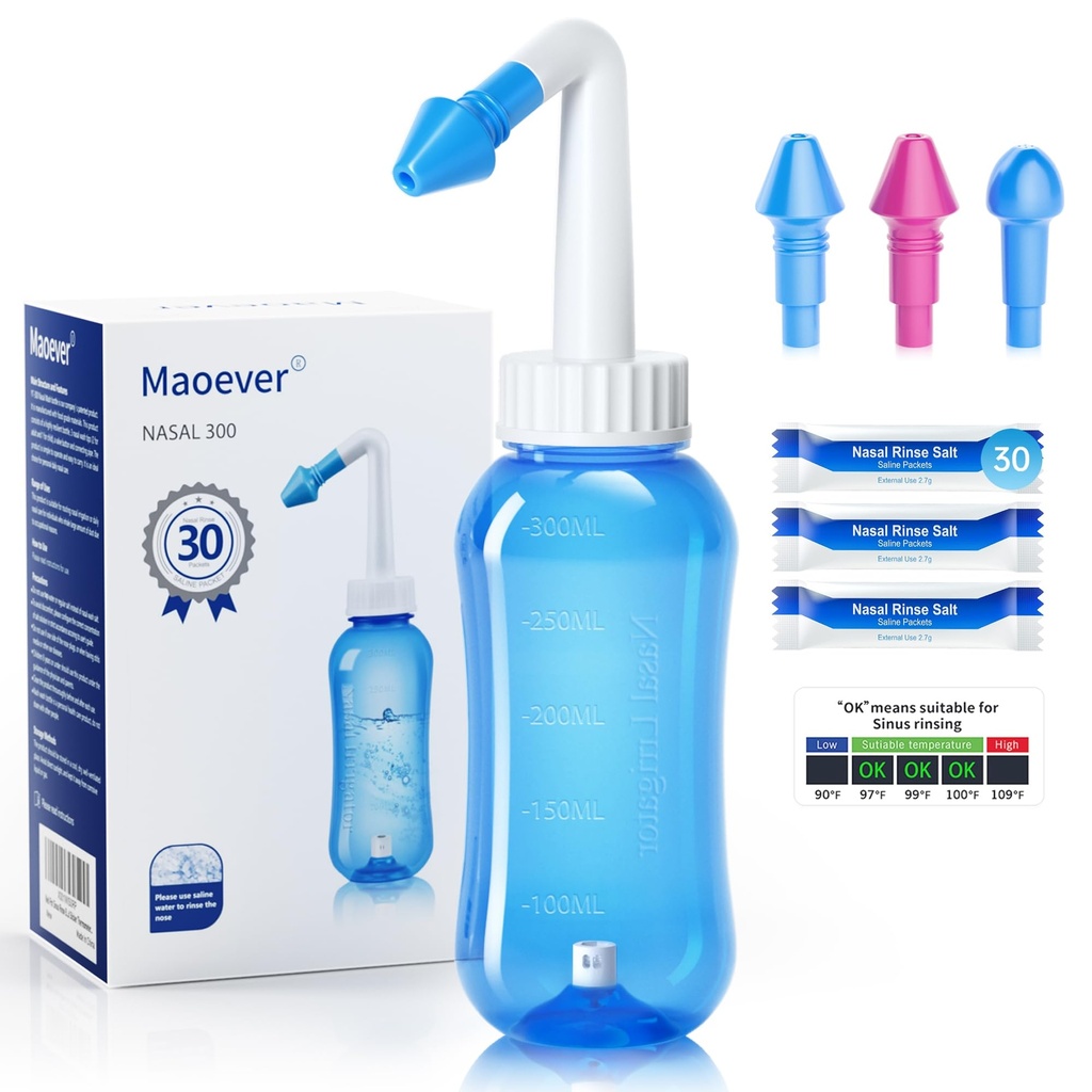 MAOEVERのNetiの鍋のSinusのリンス ボトルの鼻の洗浄洗剤の圧力は大人のための鼻の潅漑を洗います及びベッドパは30の鼻の洗浄の塩のパケットおよびステッカーの温度計(青)の300のMLを放します