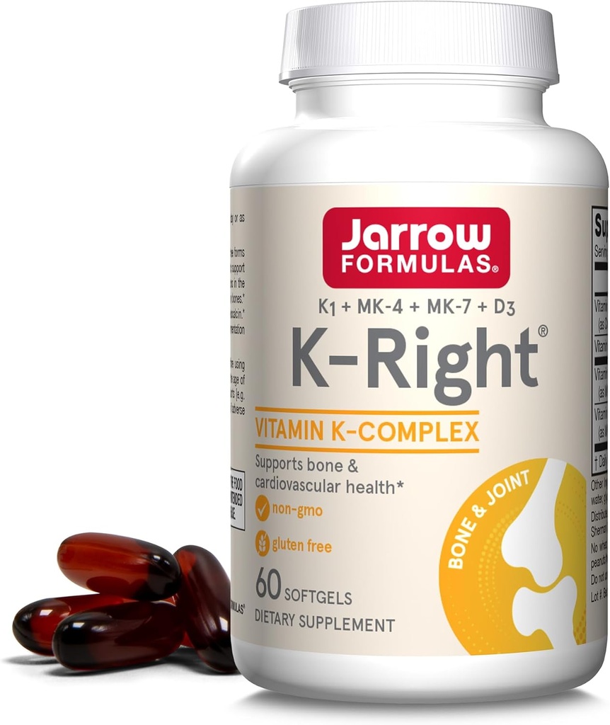 JarrowフォーミュラK-Right - ビタミンKコンプレックス(K1、MK-4、MK-7、D3) - 60サービング(Softgels) - 骨と心臓の健康サポートのための栄養補助食品 - ビタミンK2 MK-7 - グルテンフリー