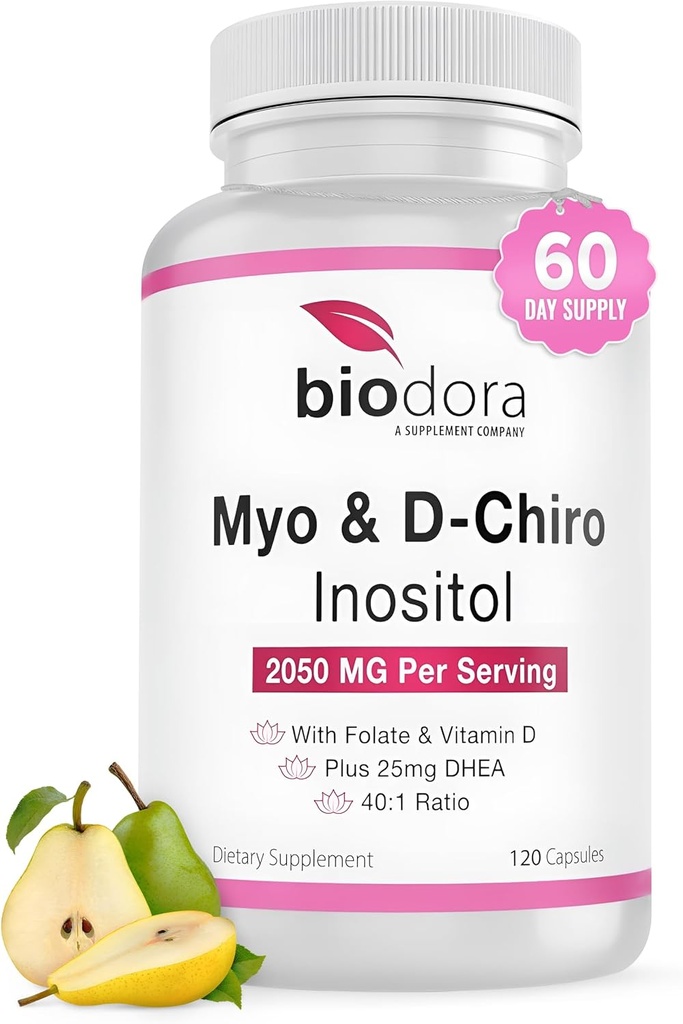 Myo& D-Chiro Inositolサプリメント、 FolateとビタミンD、40〜1比率、DHEAが含まれています、ホルモンバランス、Ovarian機能のヘルプ、給餌ごとの2050mg、120カプセル