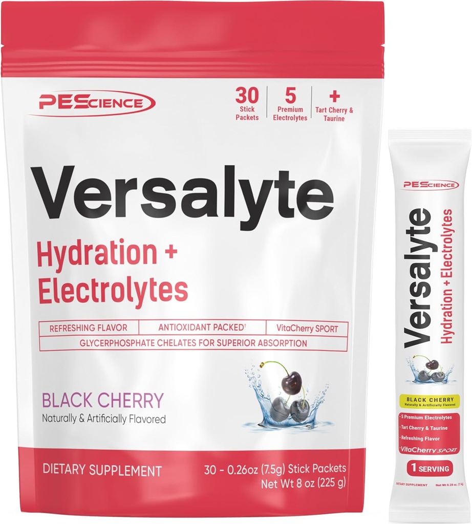 PEScience Versalyte Electrolyte Hydration Packets, Sugar Free Electrolyte Powder with Magnesium, Taurine, Antioxidants, Trace Minerals - Black Cherry, 30 Servings