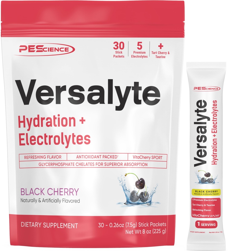 PEScience Versalyteの電解水化のパケット、マグネシウム、タウリン、酸化防止剤、トレースの鉱物が付いている砂糖の自由な電解質の粉-黒いチェリー、30のサービング