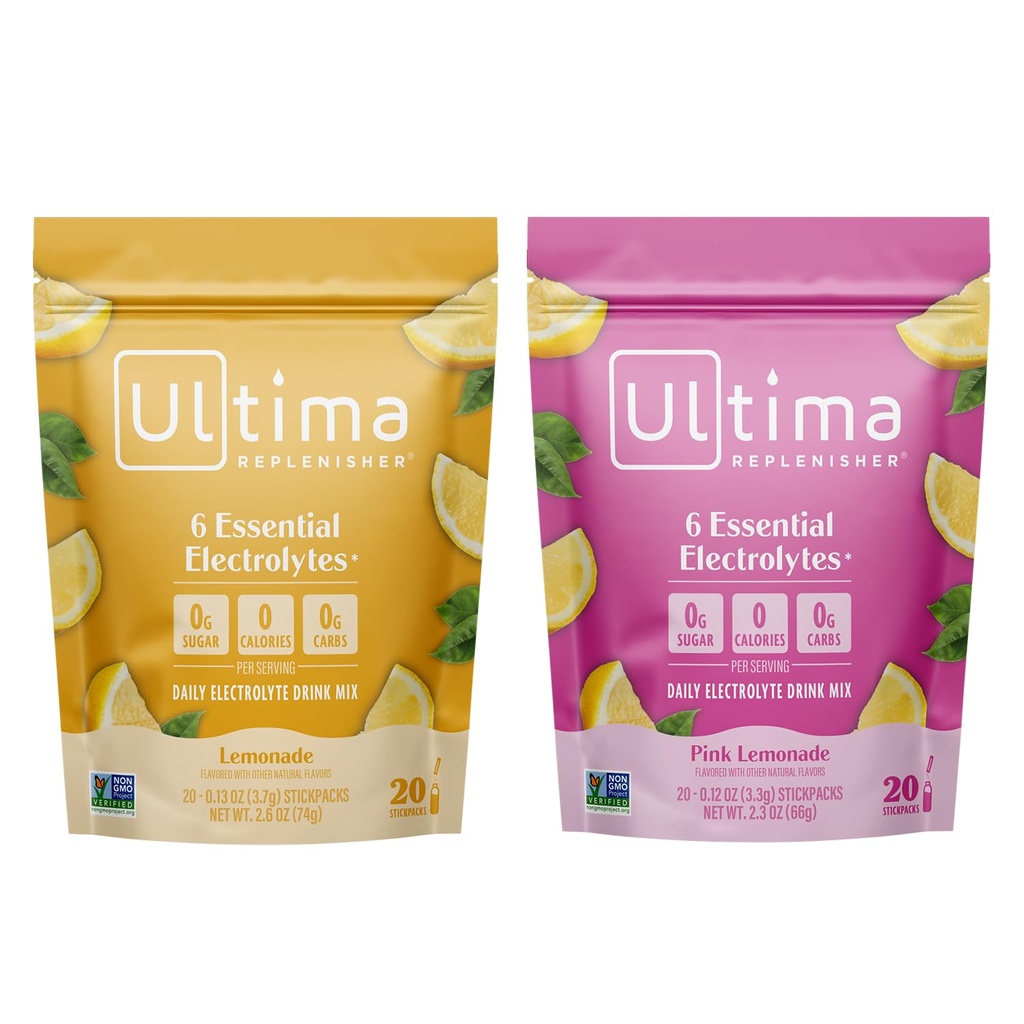 Ultima Replenisher Electrolyte パウダー ドリンク ミックス バンドル – 砂糖無料 – レモンードとピンクのモナード, 20 スティックパック – 6 電解液とミネラル – ケトフレンドリー, ビーガン, 非 GMO