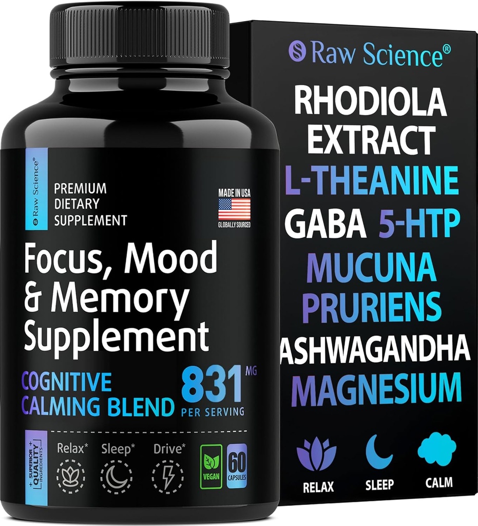 脳は記憶および焦点のための補足-Ashwagandha、Lテアニン、Rhodiolaのエキス、GABA、5HTP - Nootropicの気分サポート及びCortisolの補足-マグネシウムの酸化物、MucunaのPruriens - 60のカプセル