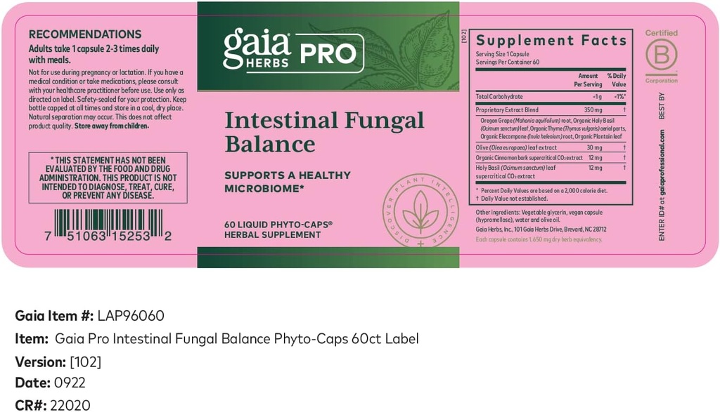 Gaia Herbs Pro Intestinal Fungal Balance - Digestion Support Supplement* - Cleanse Support Supplement* with Holy Basil Leaf, Cinnamon Bark & Oregon Grape Root - 60 Liquid Phyto-Caps (60 Servings)