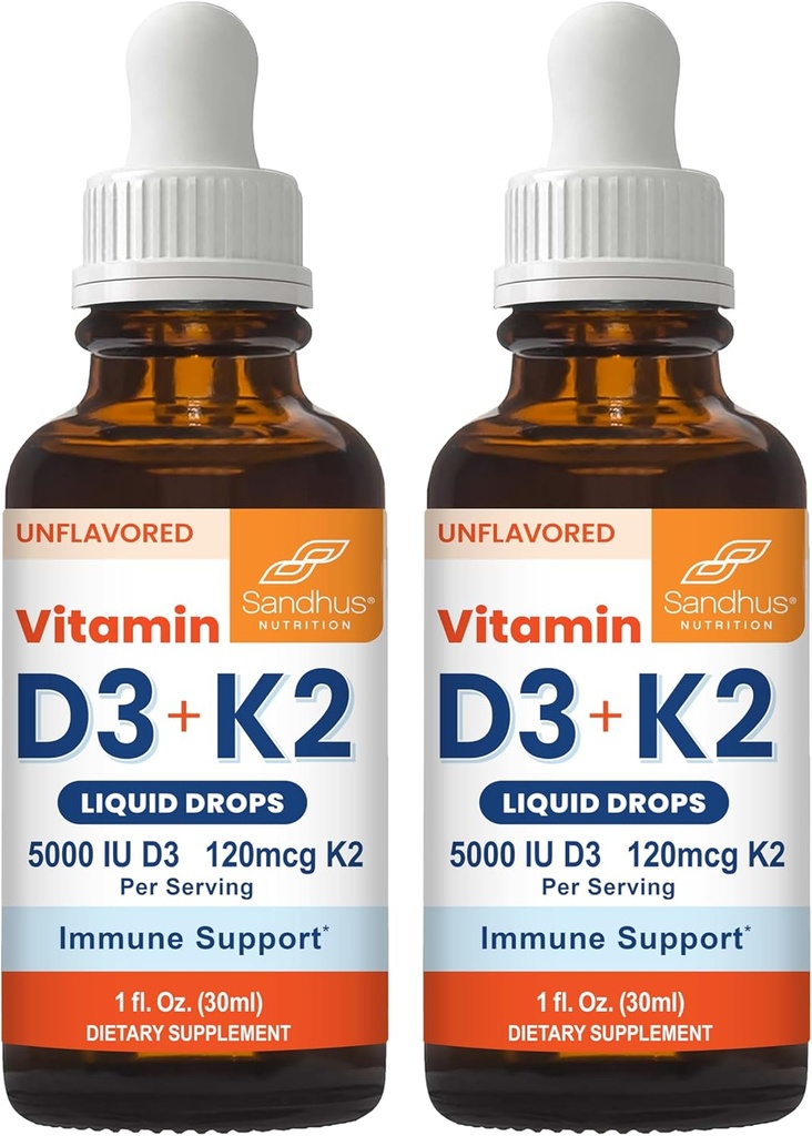 大人のためのSandhuのビタミンD3 K2の低下  5000 IU D3の液体、120mcg K2の補足1 FlのOz (パッケージ2)の  D3K2は人及び女性のための優秀な吸収、エネルギー、免疫、筋肉健康を支えます