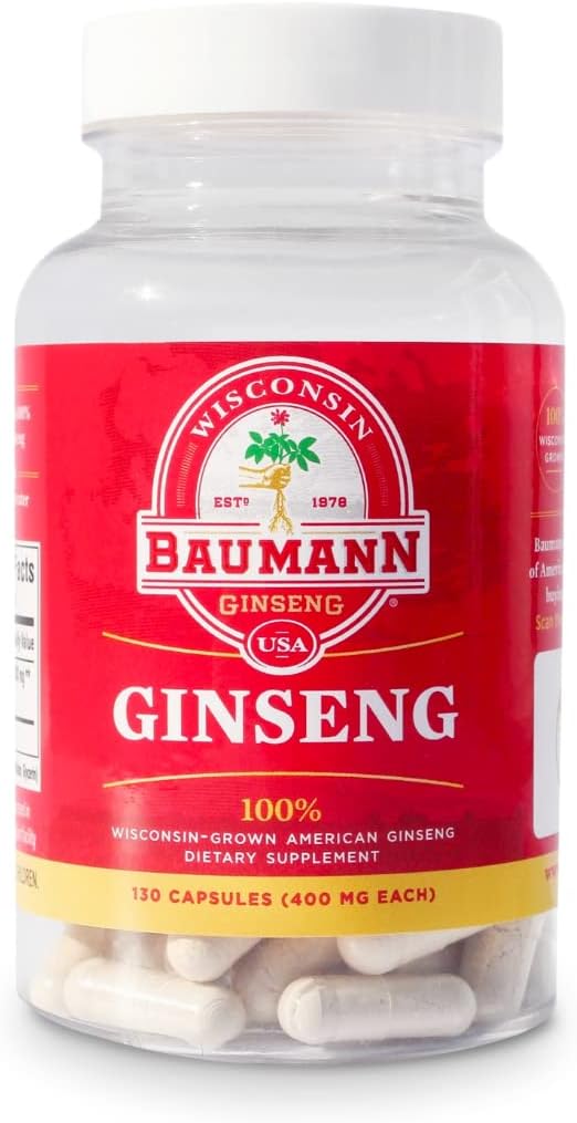 Baumann WisconsinのGinsengのカプセル130の丸薬400のmg -各丸薬の純粋なアメリカのGinsengの根のエキスの粉-免疫サポート、焦点およびエネルギーのための100%の自然なPanaxのGinsengの補足