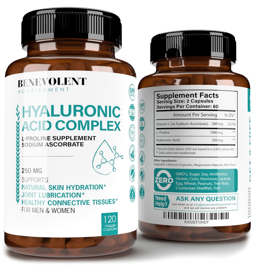 Hyaluronic酸は200mgのビタミンC、1000mg Lプロリン及び反老化の利点、若々しい皮のためのHyaluronic酸のカプセル、接合箇所及び結合組織の健康- 120のカプセルと250mgを補います